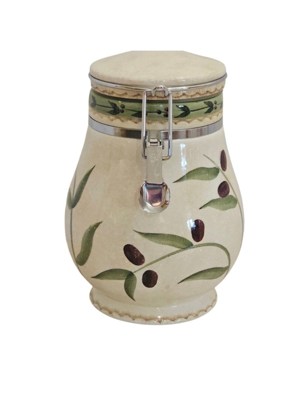 Oneida Oliveto Medium Canister 8" handpainted stoneware Italian inspired olive g - Picture 2 of 8